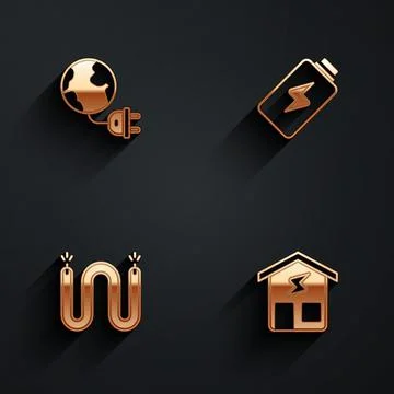 Set Global energy planet with plug, Battery charge, Electric cable and Smart Stock Illustration