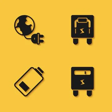 Set Global energy planet with plug, Electric meter, Battery charge and Stock Illustration
