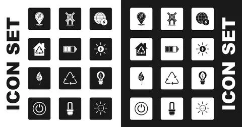 Set Global energy power planet, Battery, Eco House with recycling, Location leaf Stock Illustration