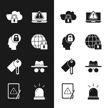 Set Global lockdown, Human head with, Cloud computing, Laptop exclamation mark 스톡 일러스트