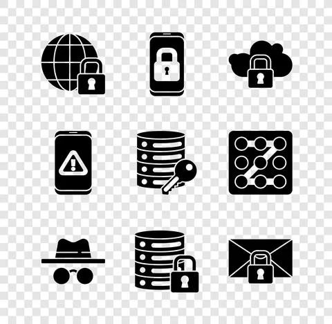 Set Global lockdown, Mobile with closed padlock, Cloud computing, Incognito mode 库存插图
