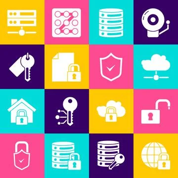 Set Global lockdown, Open padlock, Network cloud connection, Server, Data, Web Illustrazione stock
