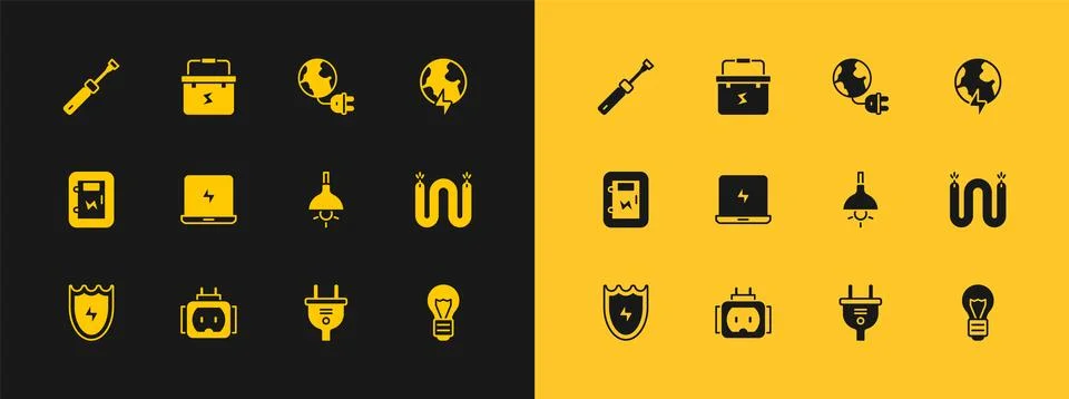 Set Global planet with thunderbolt, Tee plug electric, Lamp hanging, Electr.. Illustrazione stock