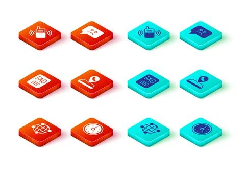 Set Global technology, Clock, FAQ information, Call center location, Sad smile Stock Illustration