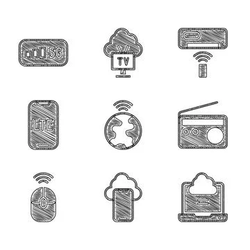 Set Global technology, Cloud data, Network cloud connection, Radio, Wireless Stock Illustration