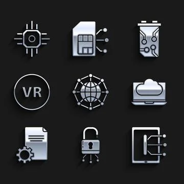 Set Global technology or social network, Lock on digital circuit board, Tablet Illustrazione stock