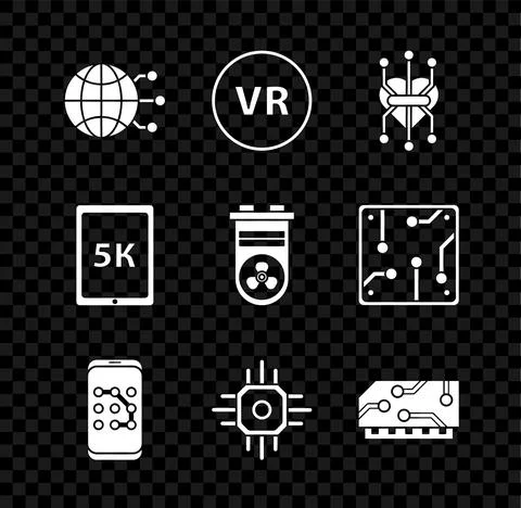 Set Global technology or social network, Virtual reality, Processor, Mobile and Illustrazione stock
