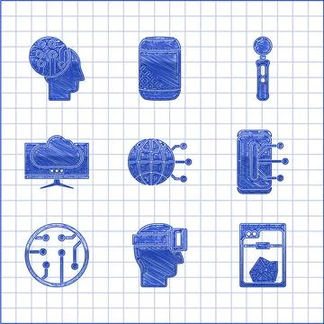 Set Global technology or social network, Virtual reality glasses, 3D printer Stock Illustration
