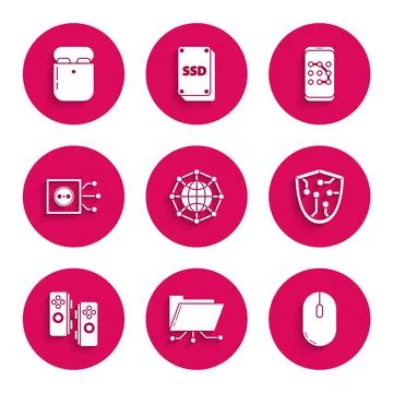 Set Global technology or social network, Folder and lock, Computer mouse, Cyber Stock Illustration