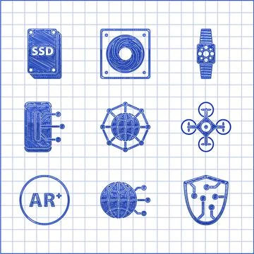 Set Global technology or social network, Cyber security, Drone, Ar, augmented 스톡 일러스트
