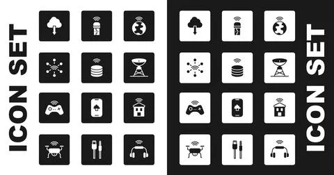 Set Global technology, Smart data server, Network, Cloud download, Satellite Illustrazione stock