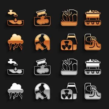Set Global warming, Coal train wagon, Wastewater, Nuclear power plant, Storm Ilustração Stock