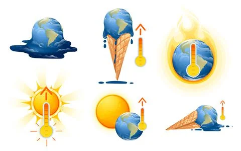 Set of global warming concept melting planet earth in waffle cone abstract save Stock Illustration