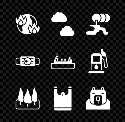Set Global warming fire, Cloud, Barrel oil leak, Forest, Plastic bag, Polar bear Stock Illustration