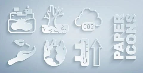 Set Global warming fire, CO2 emissions cloud, Sprout hand, Withered tree and Stock Illustration
