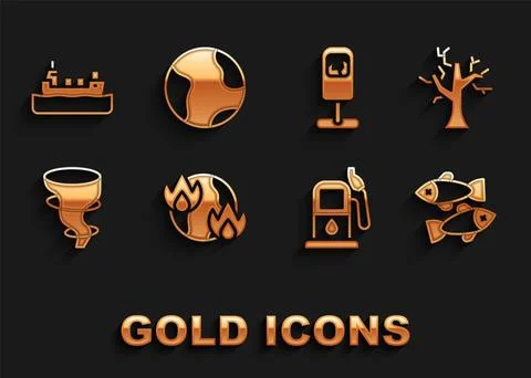 Set Global warming fire, Withered tree, Dead fish, Petrol or gas station, T.. Stock Illustration