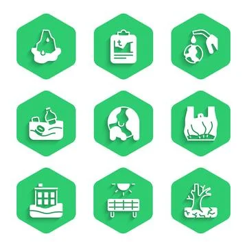 Set Global warming, Solar energy panel, Withered tree, Say no to plastic bags Stock Illustration