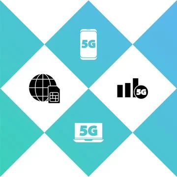 Set Globe 5G Sim Card, Laptop with network, Mobile and icon. Vector Stock Illustration
