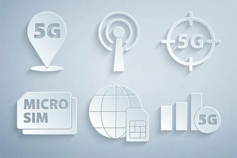 Set Globe 5G Sim Card, network, Micro, Antenna and Location icon. Vector イラスト素材