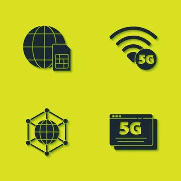 Set Globe 5G Sim Card, network, Social and icon. Vector Illustrazione stock