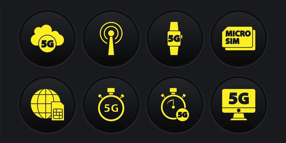 Set Globe 5G Sim Card, Micro, Digital speed meter, Smart watch network, Anten Stock Illustration