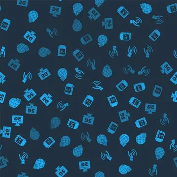 Set Globe 5G Sim Card, , network and Monitor with on seamless pattern. Vector Stock Illustration