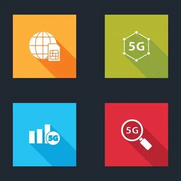 Set Globe 5G Sim Card, network, and Search icon. Vector Stock Illustration