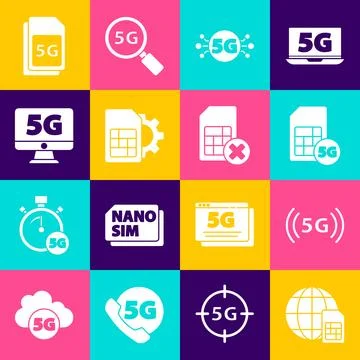 Set Globe 5G Sim Card, network, card setting, Monitor with,  and rejected i.. Stock Illustration