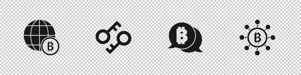 Set Globe Bitcoin, Cryptocurrency key, and Blockchain technology icon. Vector Stock Illustration