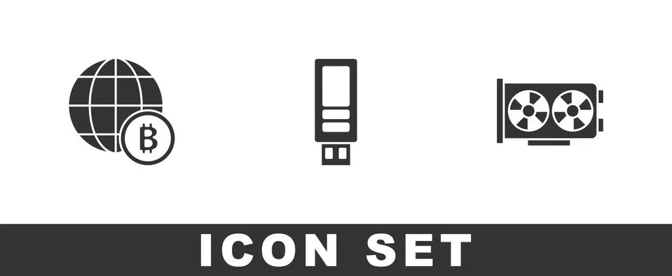 Set Globe Bitcoin, USB flash drive and Video graphic card icon. Vector Stock Illustration