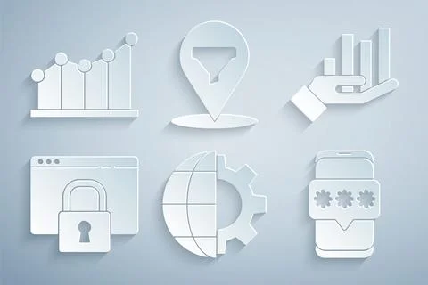 Set Globe of the Earth and gear, Pie chart infographic, Secure your site wi.. Stock-Illustration