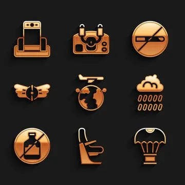 Set Globe with flying plane, Airplane seat, Box on parachute, Cloud rain, No Stock Illustration