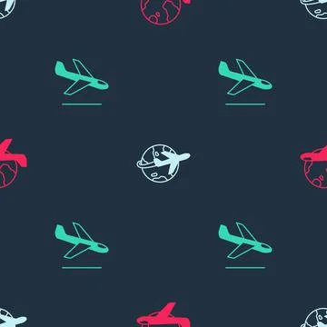 Set Globe with flying plane, and Plane landing on seamless pattern. Vector Illustrazione stock