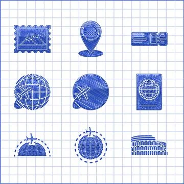 Set Globe with flying plane, Coliseum Rome, Italy, Passport biometric data 스톡 일러스트