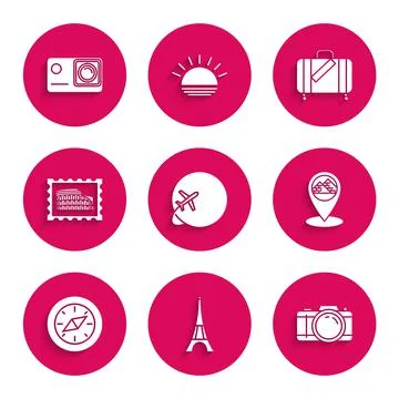 Set Globe with flying plane, Eiffel tower, Photo camera, Map pointer Egypt Stock Illustration