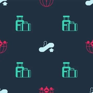 Set Globe with flying plane, Escalator up and Suitcase on seamless pattern... Stock Illustration
