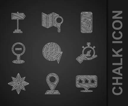Set Globe with flying plane, Location, Map pointer star, Compass, Wind rose Stock Illustration