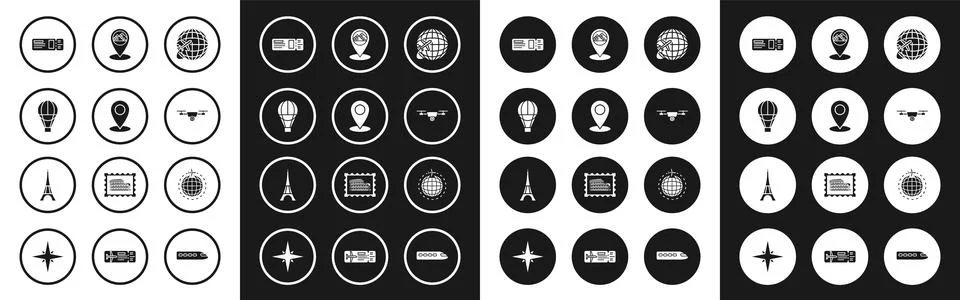 Set Globe with flying plane, Map pin, Hot air balloon, Travel ticket, Drone a Stock Illustration