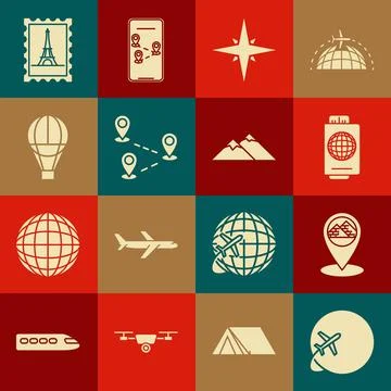 Set Globe with flying plane, Map pointer Egypt pyramids, Passport ticket, W.. Illustrazione stock