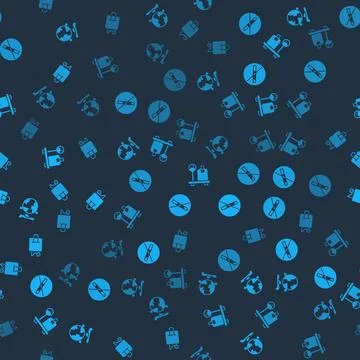 Set Globe with flying plane, No Smoking, Scale suitcase and Suitcase on sea.. Illustrazione stock