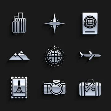 Set Globe with flying plane, Photo camera, Suitcase for travel and stickers 스톡 일러스트