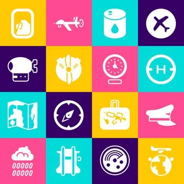 Set Globe with flying plane, Pilot hat, Helicopter landing pad, Barrel oil,.. Stock Illustration