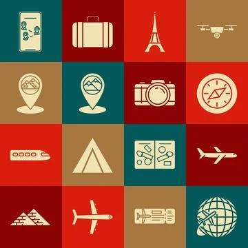Set Globe with flying plane, Plane, Compass, Eiffel tower, Map pointer mountain Stock Illustration