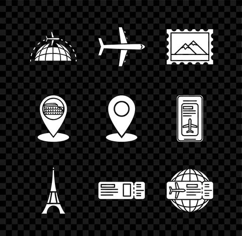 Set Globe with flying plane, Plane, Postal stamp and Mountains, Eiffel tower Stock Illustration