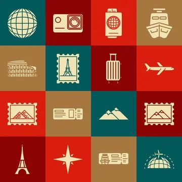 Set Globe with flying plane, Postal stamp and Mountains, Plane, Passport ti.. Illustrazione stock