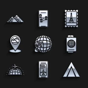 Set Globe with flying plane, Smartphone electronic boarding pass airline ticket 스톡 일러스트