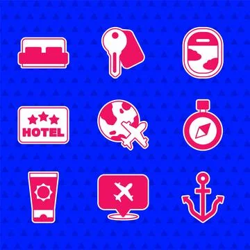 Set Globe with flying plane, Speech bubble airplane, Anchor, Compass, Sunscreen Stock Illustration