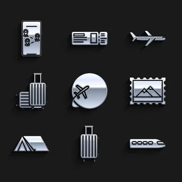 Set Globe with flying plane, Suitcase for travel, Train, Postal stamp and M.. Illustration