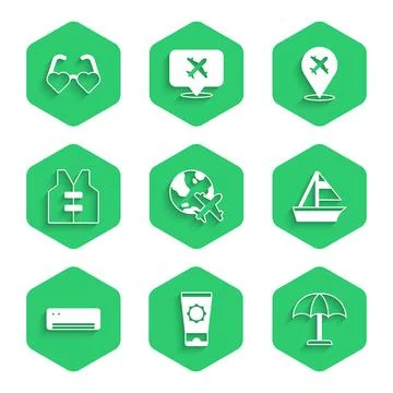 Set Globe with flying plane, Sunscreen cream tube, protective umbrella, Yacht Stock Illustration