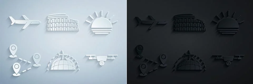 Set Globe with flying plane, Sunset, Route location, Drone action video camera Stock Illustration